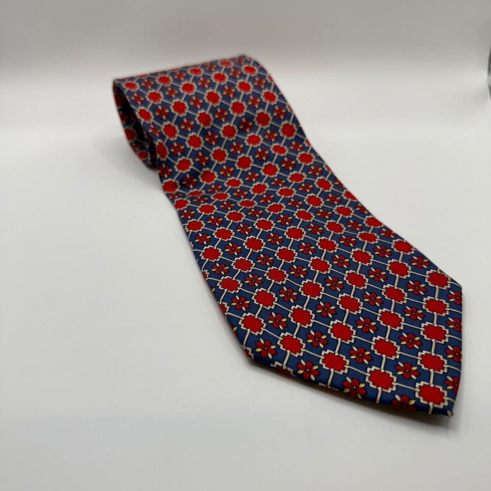 Paolo Gucci Mens Silk Tie Made in Italy Geometric Floral Navy Red Hand Finished